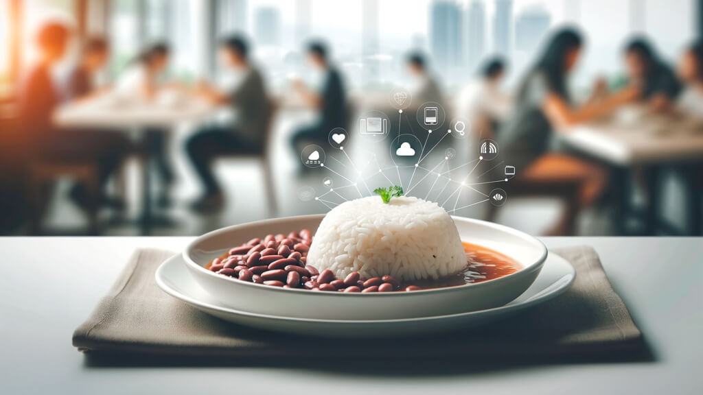 Prato de arroz com feijão e símbolos de marketing digital