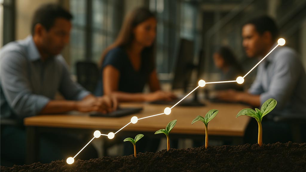 Gráfico mostrando o crescimento sustentável de uma empresa com base em inovação contínua