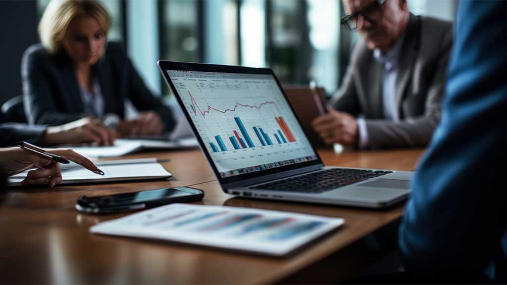 Equipe comercial analisando dados em um dashboard de CRM de vendas